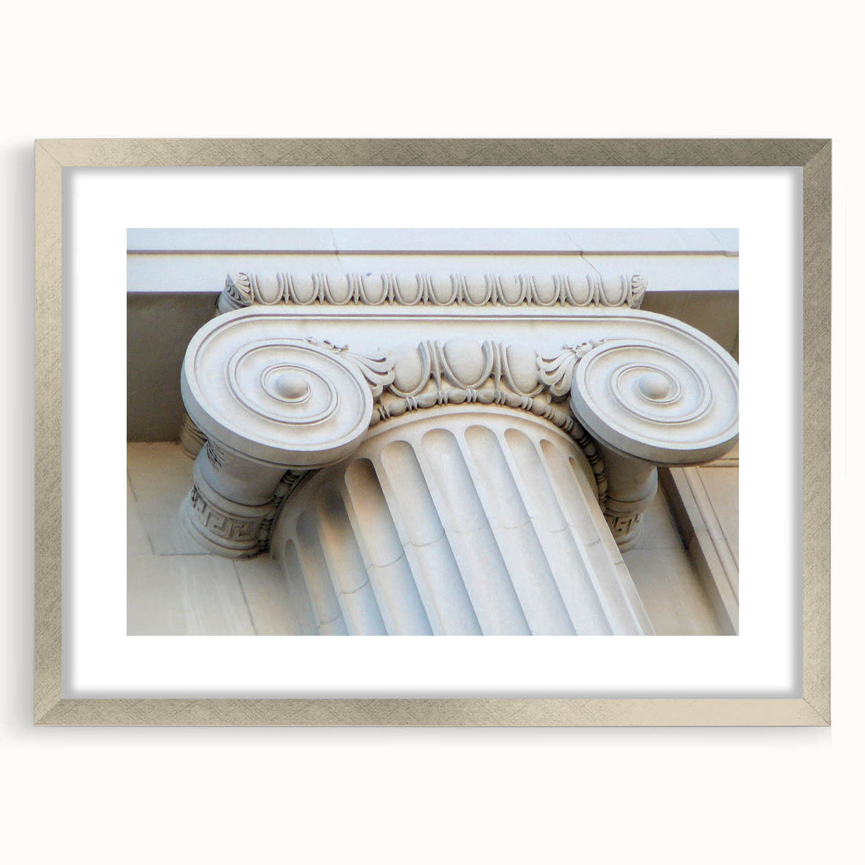 Textured art of abstract columns in muted gray, printed on framed canvas, suitable for bedroom decor.