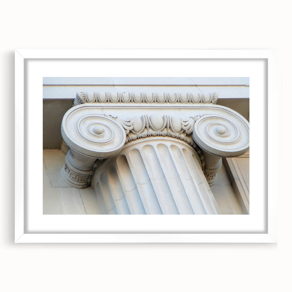 Abstract art prints featuring geometric column designs in muted gray, framed in white, ideal for dining room art.