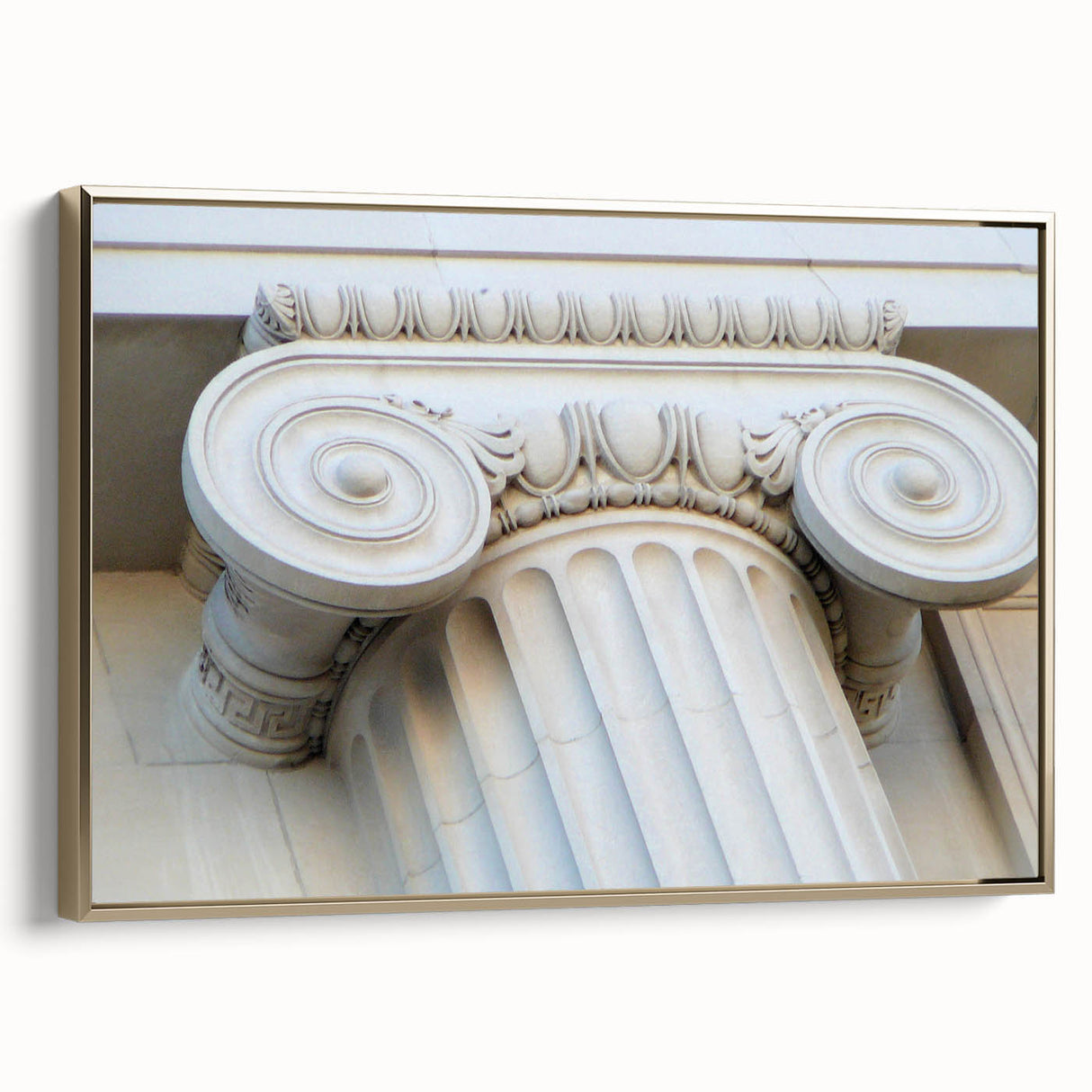 Framed canvas depicting vintage poster art of architectural columns in black and gold tones, ideal for bedroom wall decor.