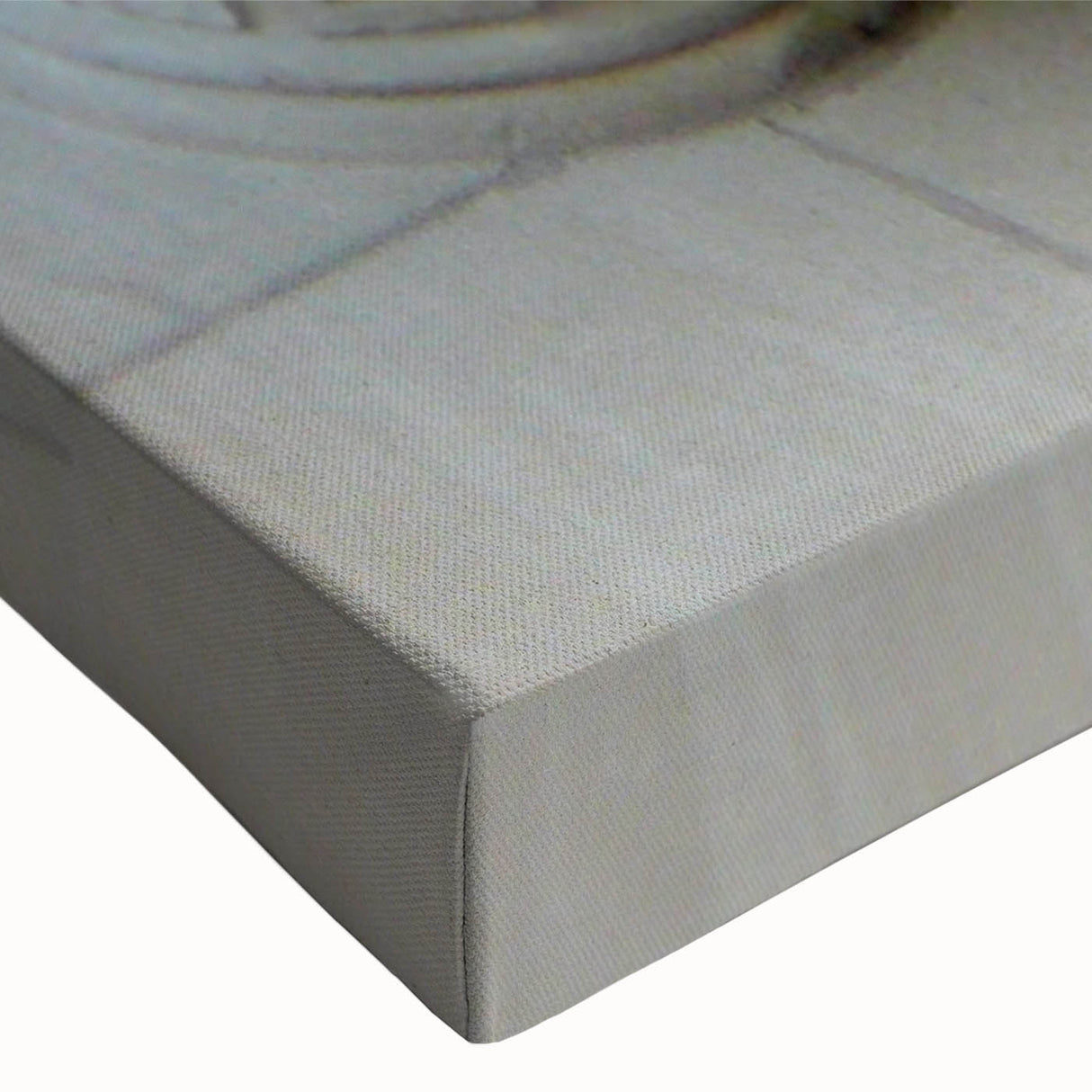 Close-up of a large art piece featuring black and white columns in a landscape format on stretched canvas.