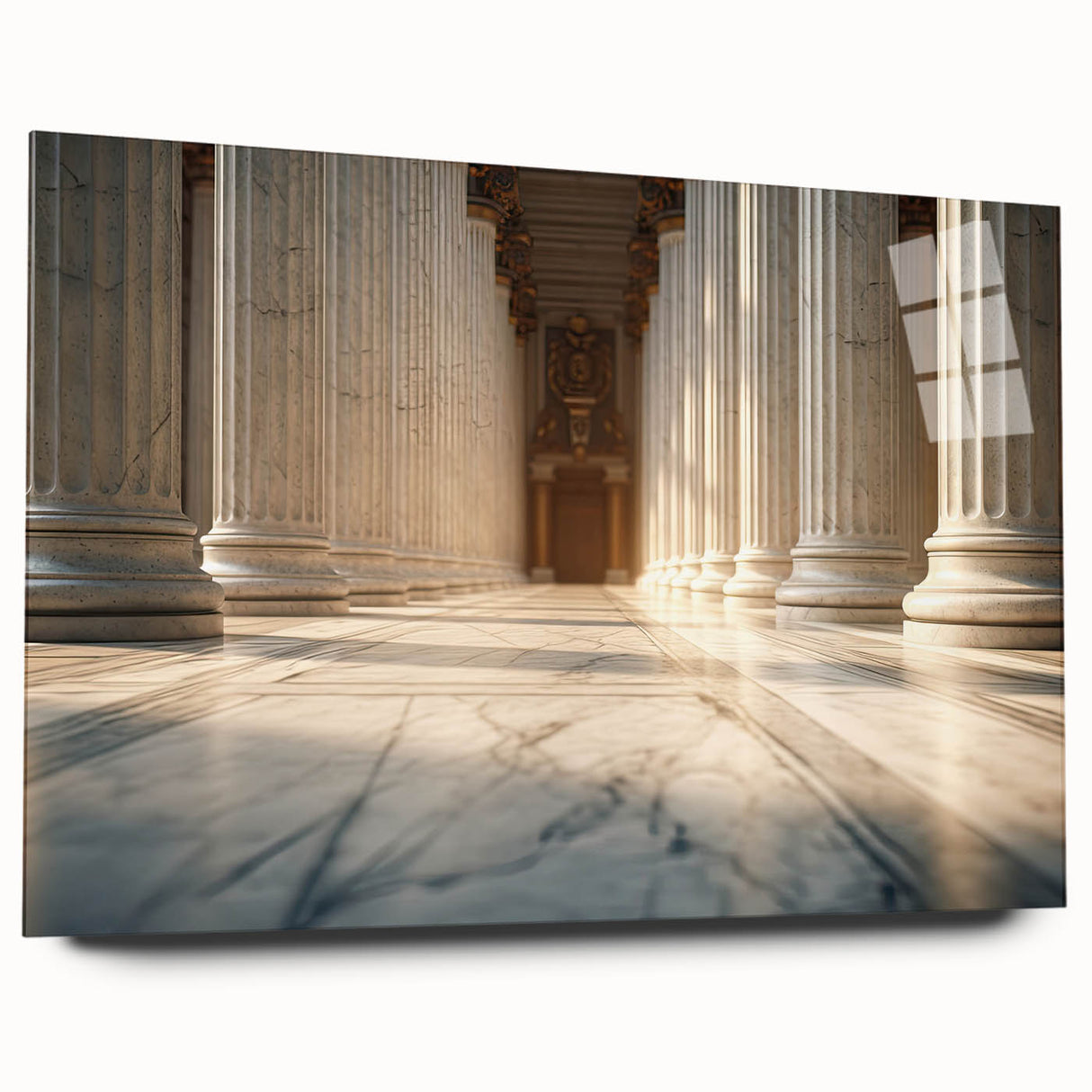 Acrylic print of large abstract wall art featuring gray and white architectural columns.