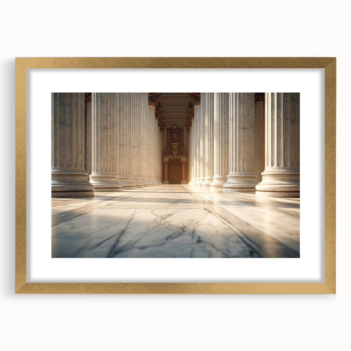 Extra large abstract art print featuring textured columns in muted gold tones on a framed canvas.