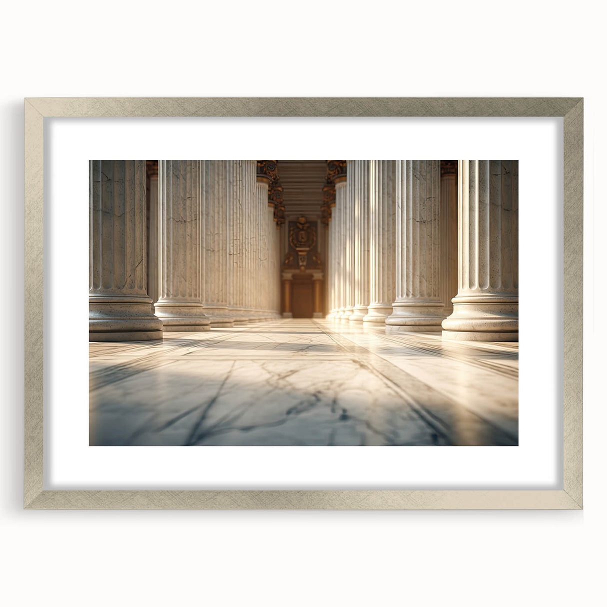 Textured art depicting abstract columns in muted gray and white, acrylic print framed in silver.