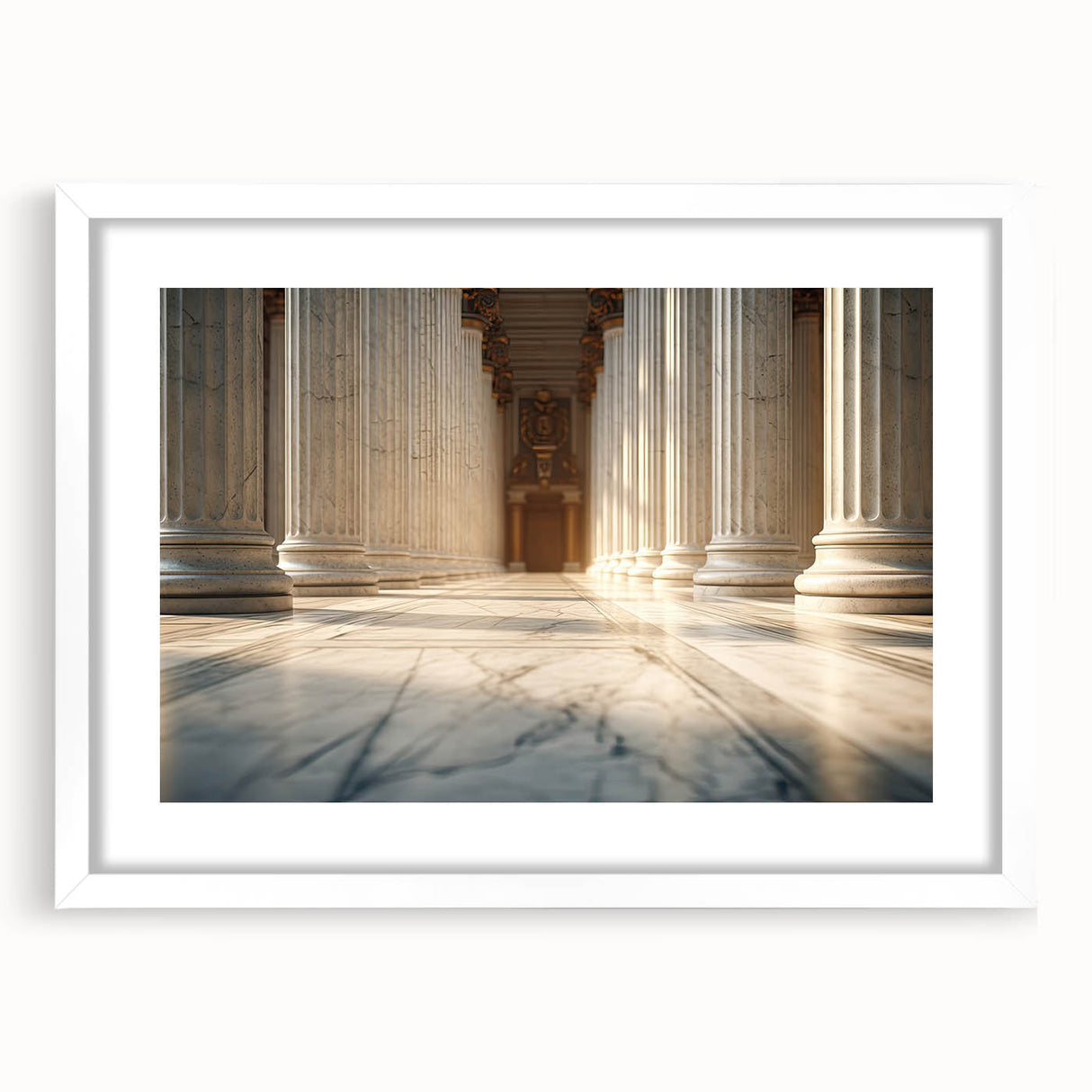 Abstract art print featuring symmetrical column designs in muted gray, framed in white, suitable for dining room decor.