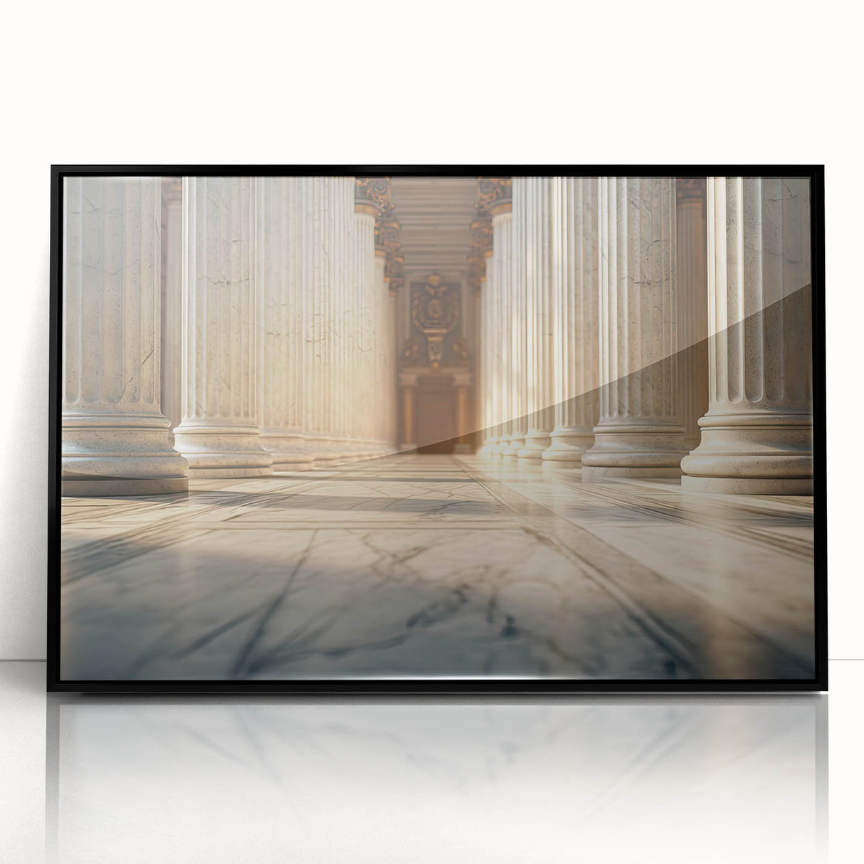 Large abstract wall art featuring geometric shapes in muted gray, framed in black acrylic.