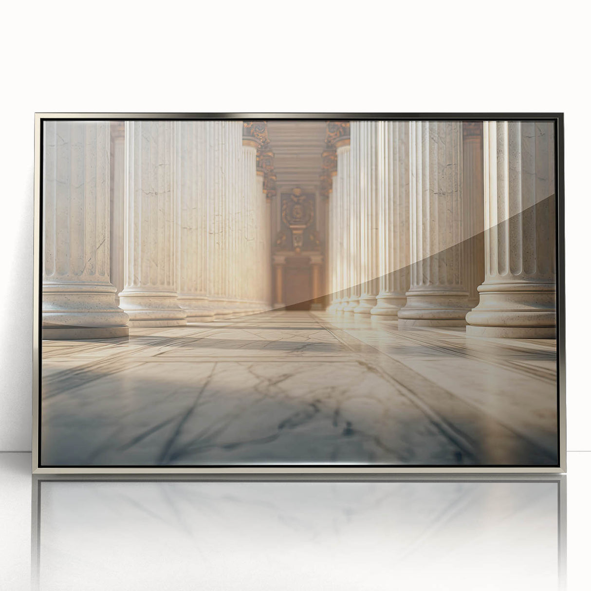 Mid-century modernist art featuring silver columns in a framed acrylic, ideal for nursery wall decor.