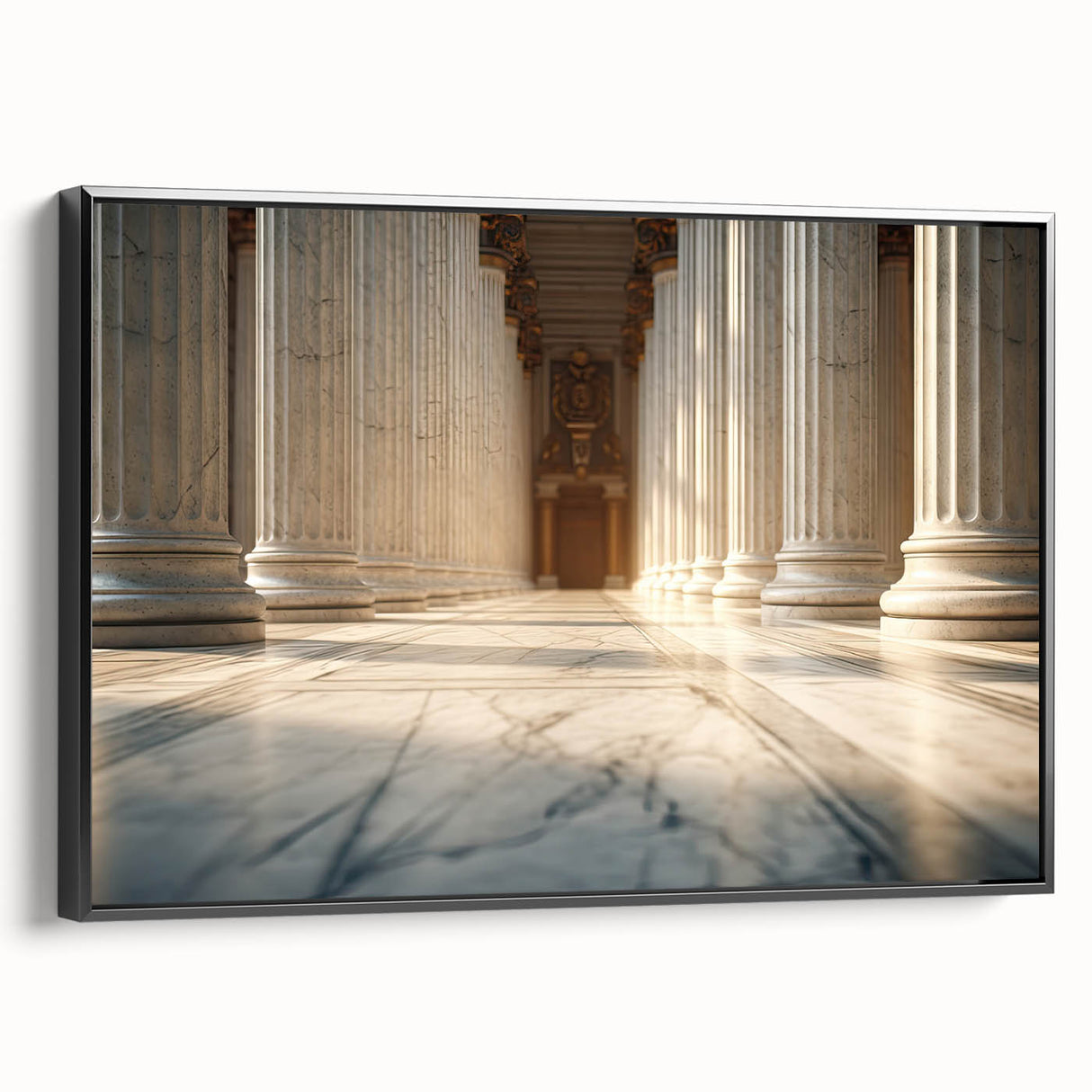 Black and white framed canvas featuring a vintage poster art of architectural columns, ideal for bedroom wall decor.