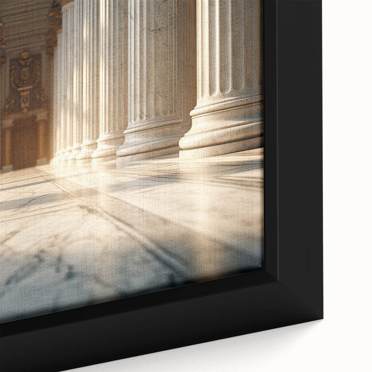 Close-up view of black wall art featuring textured columns in vibrant colors on a framed canvas, ideal for living room decor.