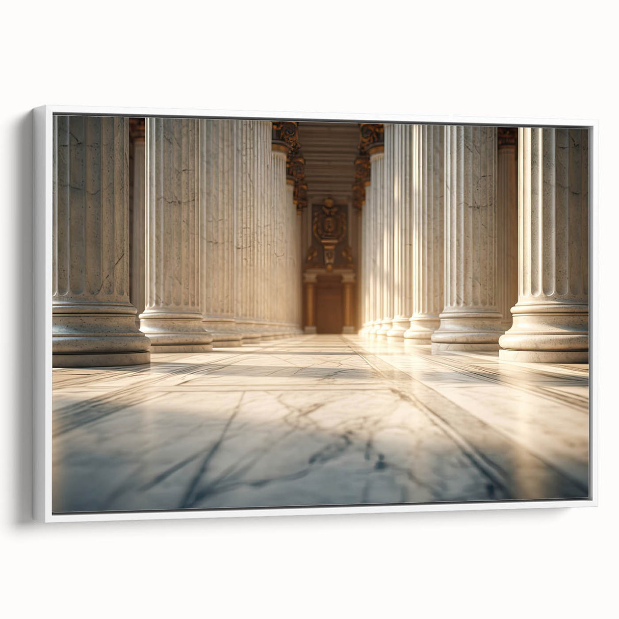 Vintage poster art of architectural columns in black and colorful tones on framed canvas, ideal for living room decor.