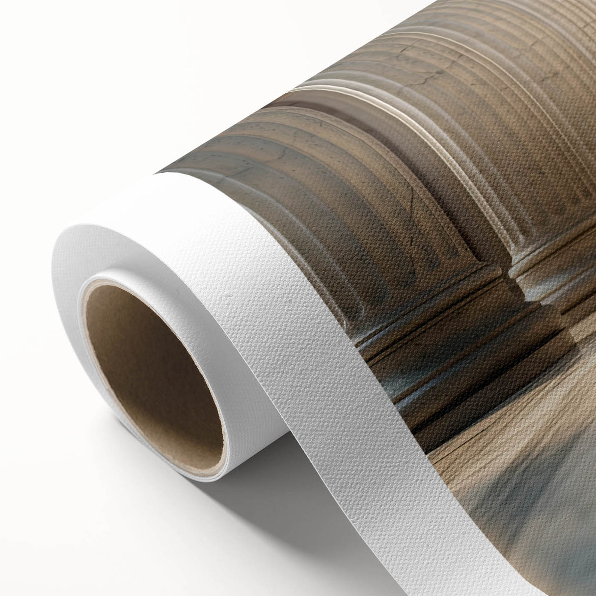 Art Deco poster featuring geometric columns in muted beige and white, rolled canvas.