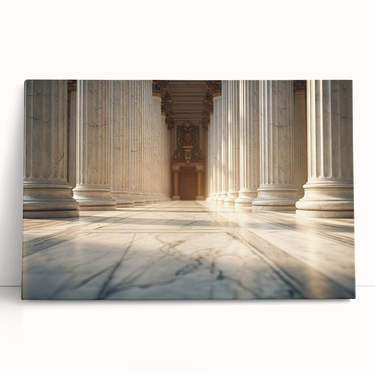 Black and white photo of classical columns on a large stretched canvas, ideal for kitchen wall art or bedroom decor.