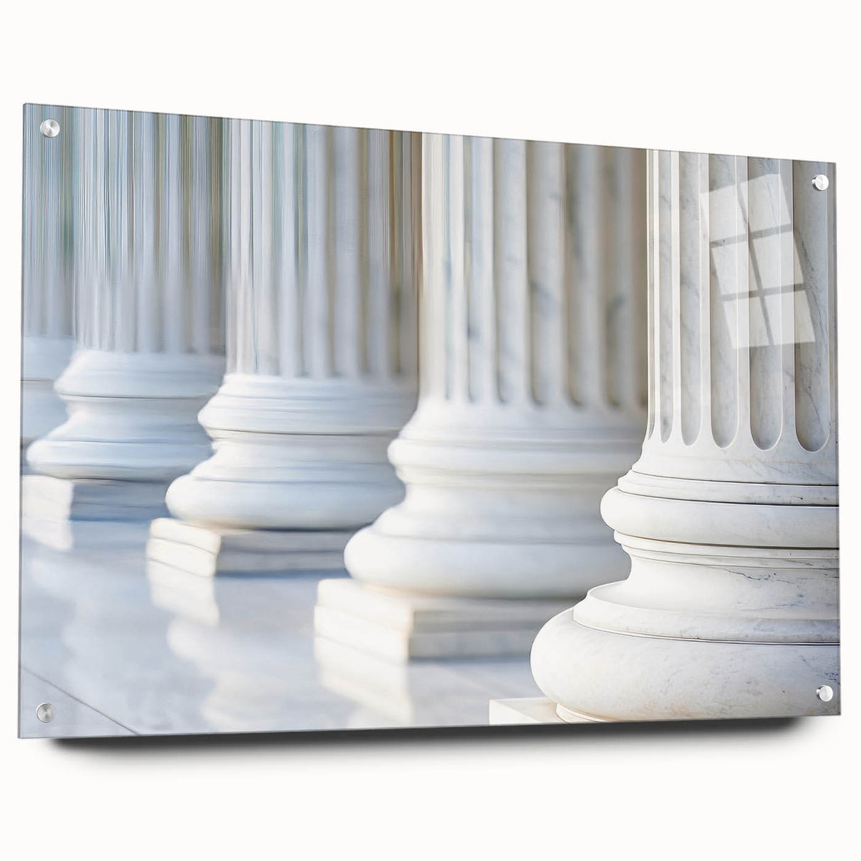 Large abstract wall art on acrylic, featuring vertical column designs in monochrome shades.