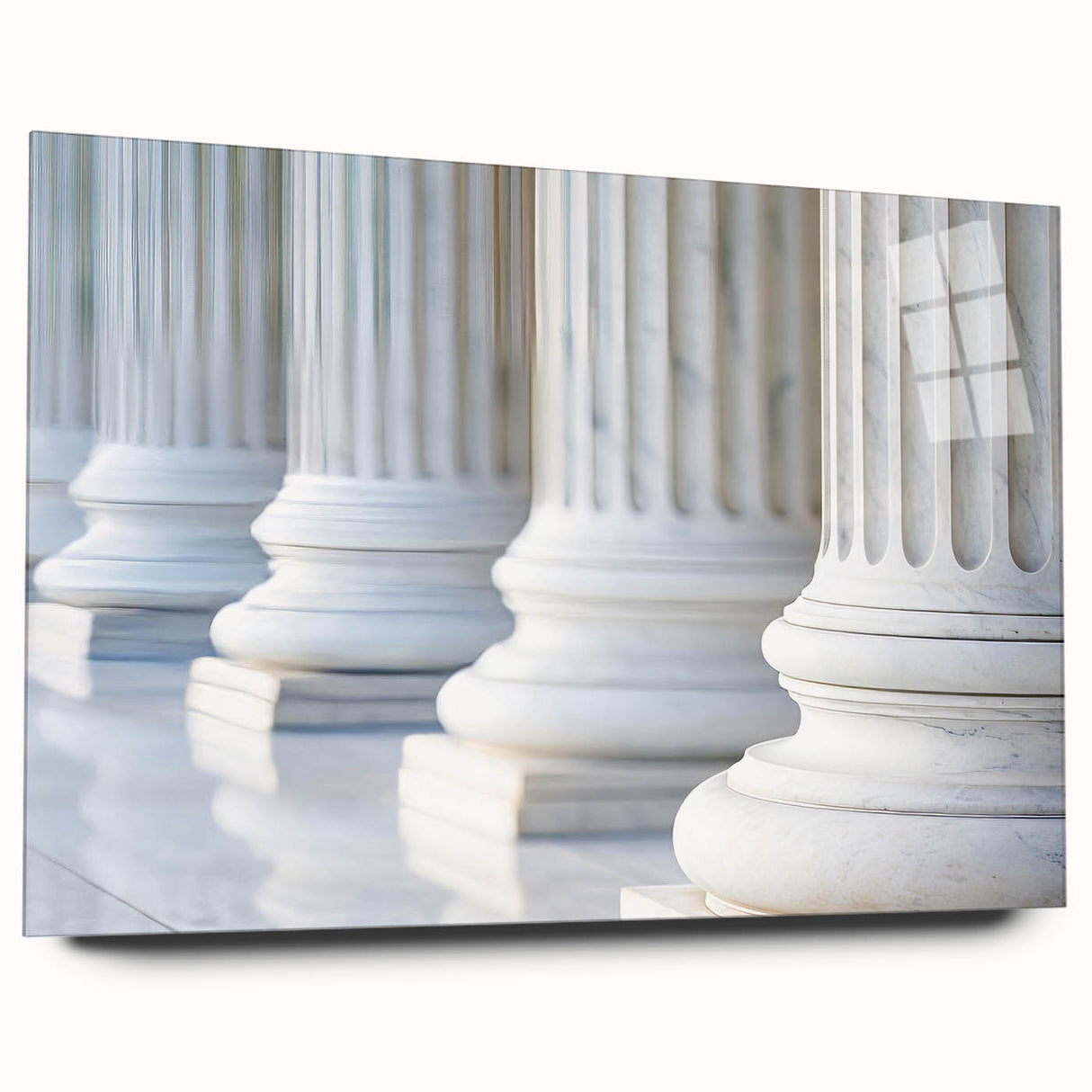 Large abstract wall art on acrylic glass depicting neutral-toned architectural columns.