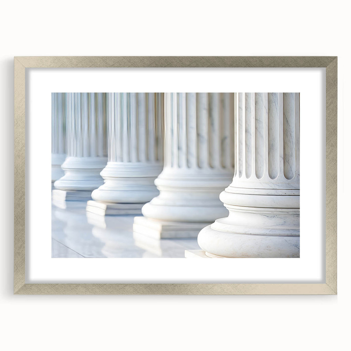 Textured art of abstract columns in muted earth tones on a silver-framed mat, ideal for bedroom art.