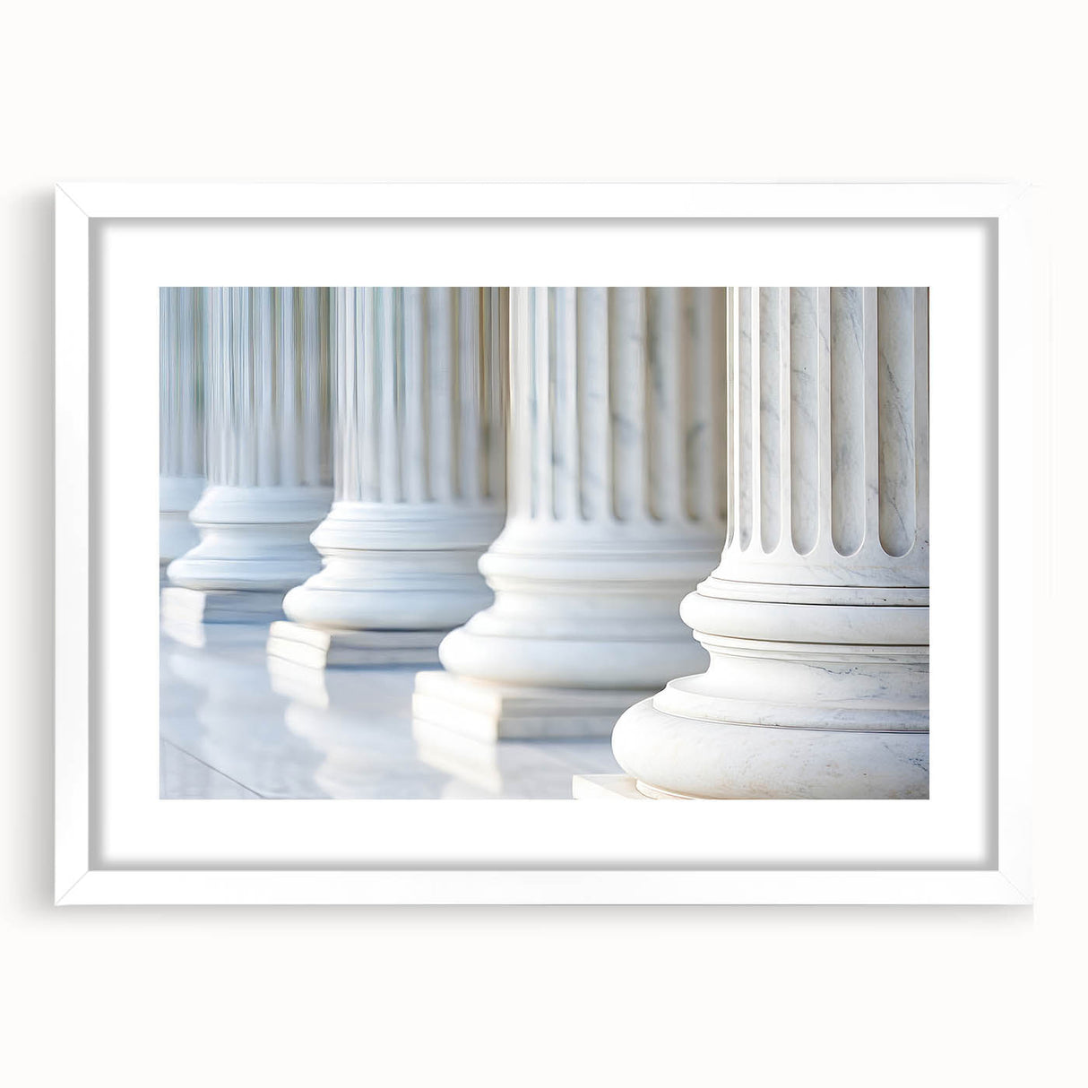 Abstract art print featuring a series of vertical columns in muted gray and white tones on a framed poster.