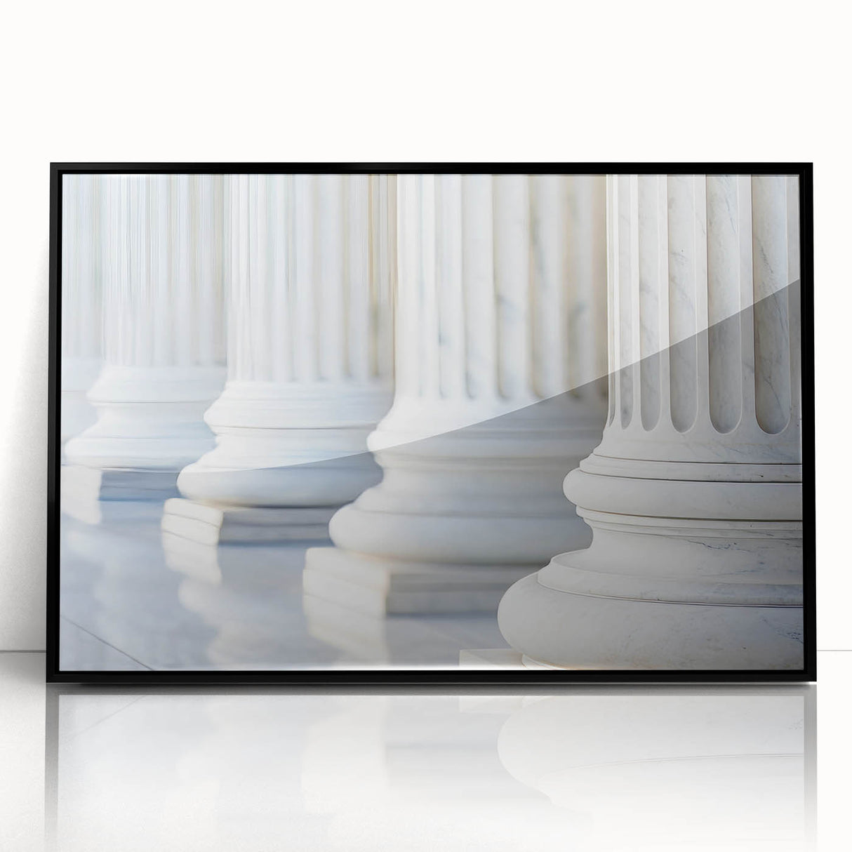 Large abstract wall art featuring mid-century modernist columns in black and white, framed acrylic.