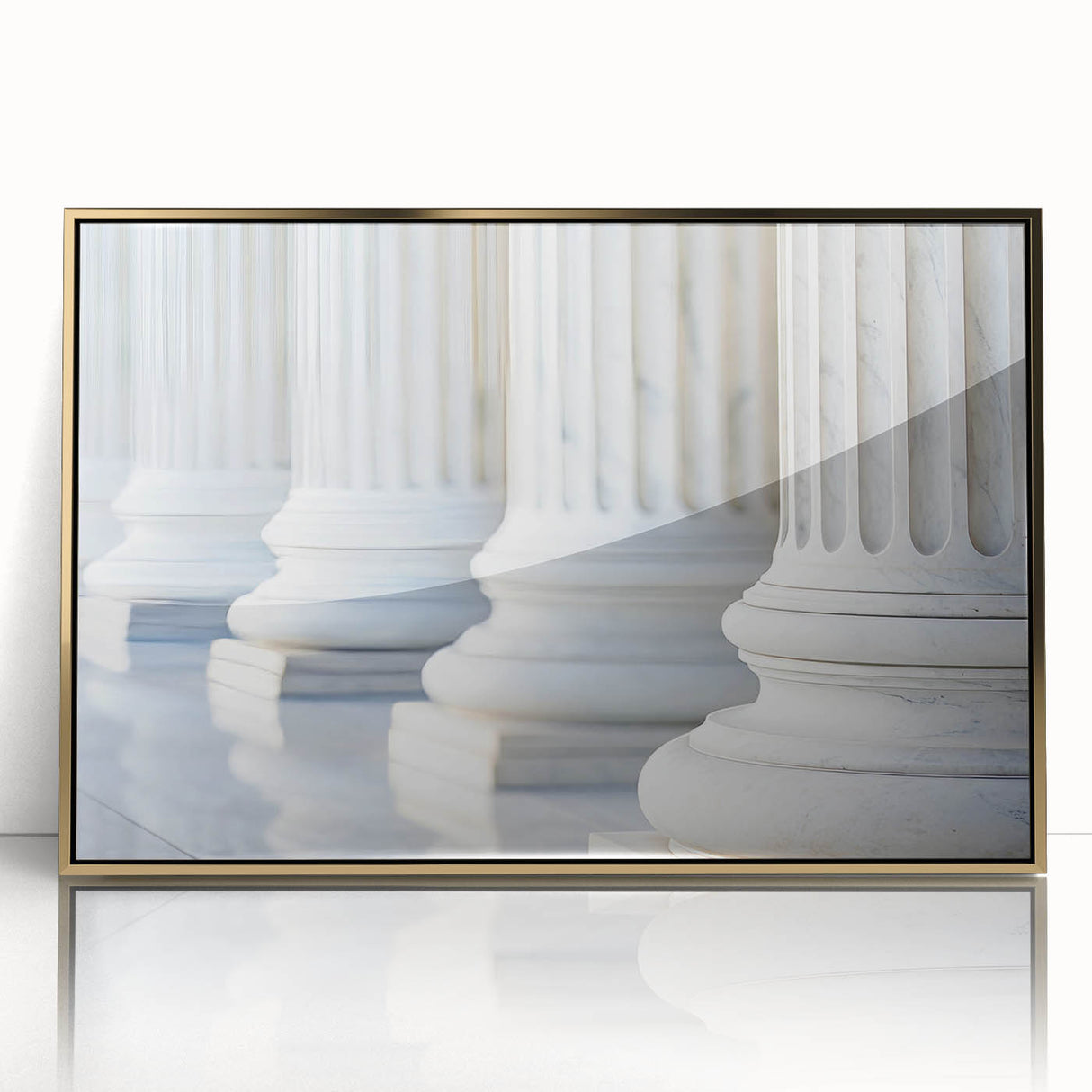 Mid-century modernist acrylic print of architectural columns in gold tones, ideal for modern art wall decor.