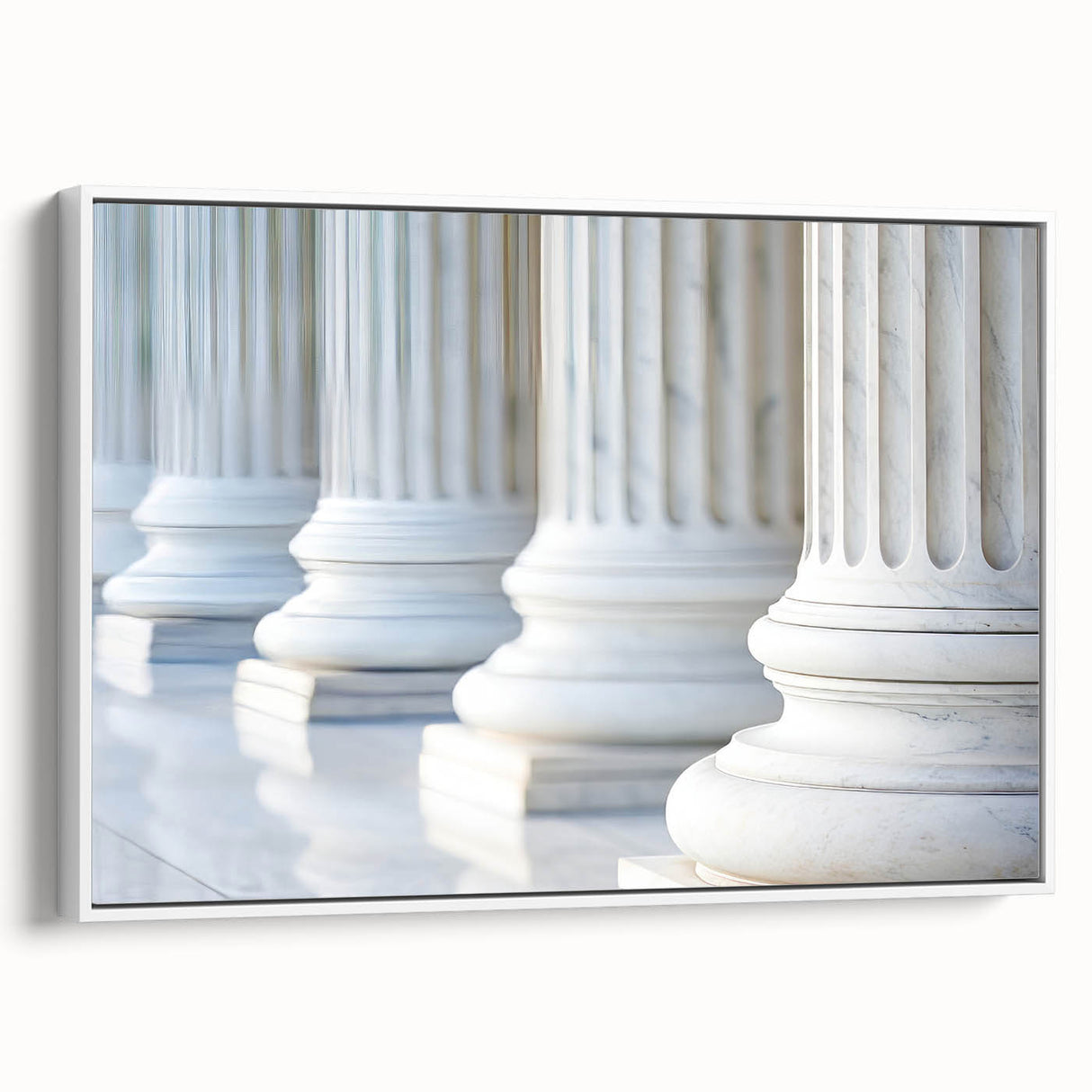 Vintage poster art of classical columns in black and white on a framed canvas, ideal for living room decor.