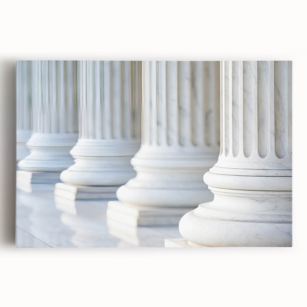Black and white photo of classical columns on a stretched canvas, ideal for kitchen wall art.