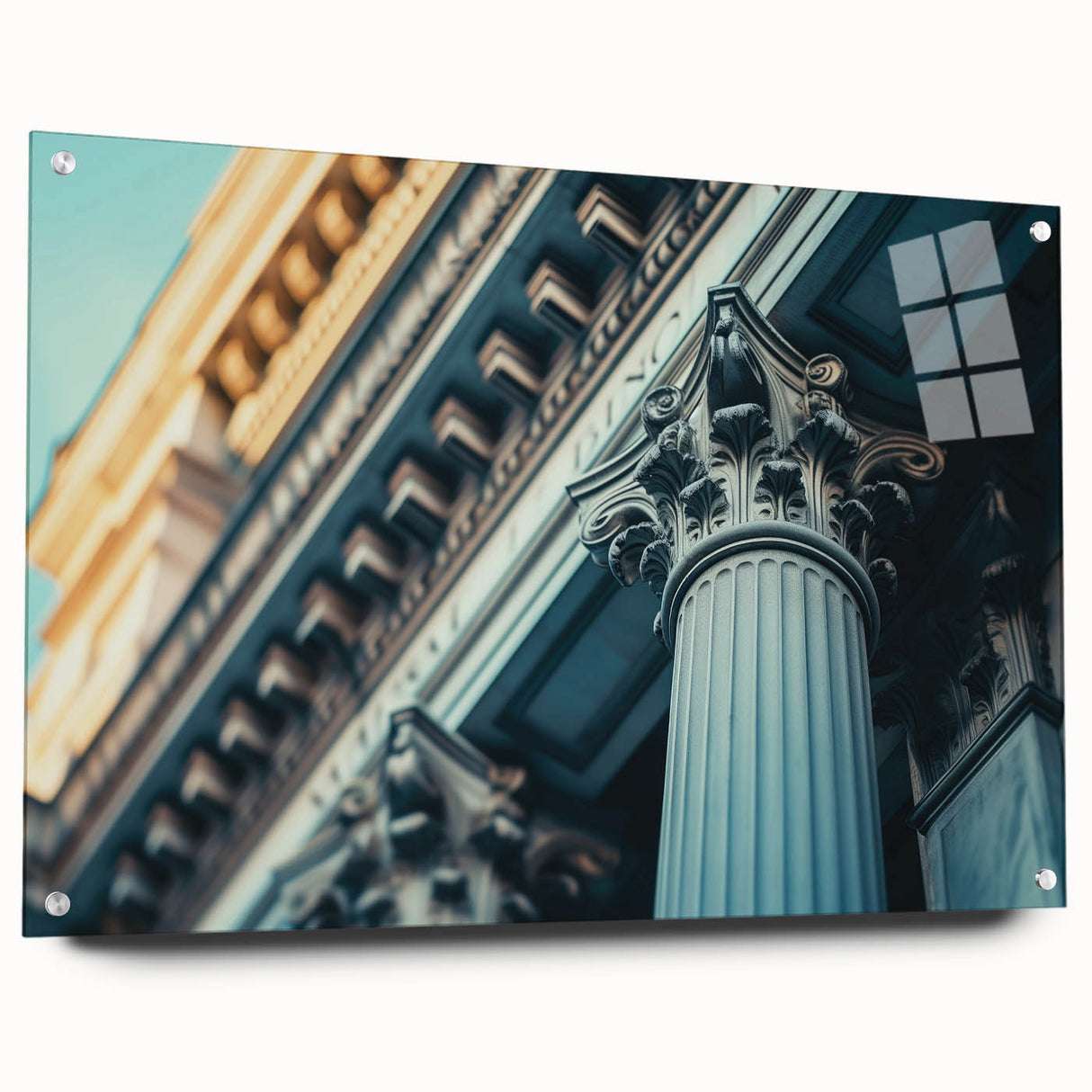 Large abstract wall art featuring a series of vertical columns in muted gray, acrylic print.