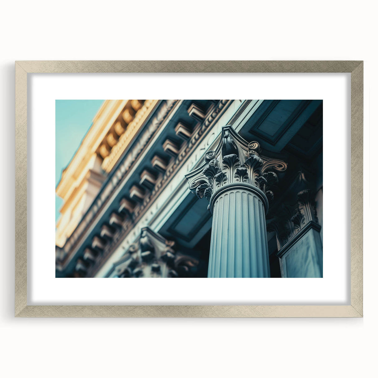 Textured abstract art print of architectural columns in muted gray, framed in silver, ideal for bedroom art.