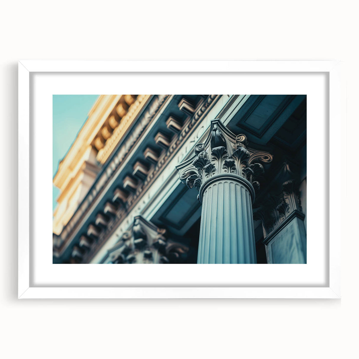 Abstract art print featuring symmetrical column designs in black and white on a framed canvas.