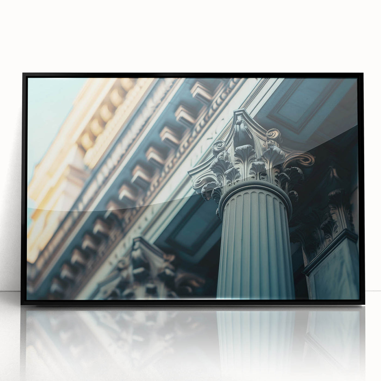 Large abstract wall art featuring mid-century modernist columns in black and white, acrylic framed.