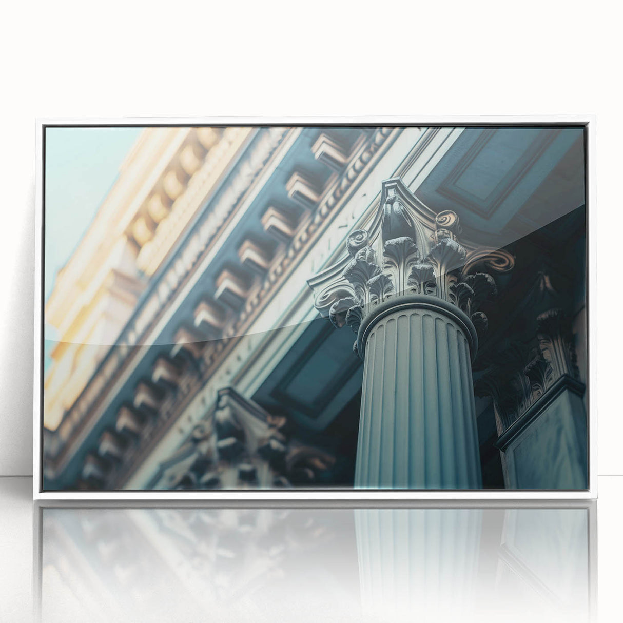 Art deco poster of white columns on acrylic print, ideal for modern art wall decor in a nursery.