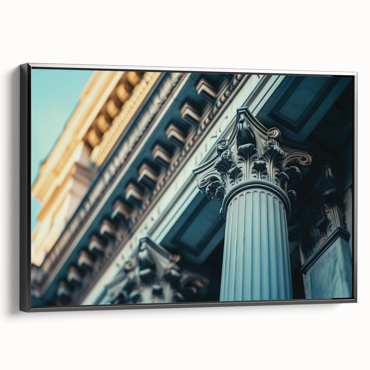 Black and white wall art featuring vintage poster art of architectural columns, perfect for bedroom decor.