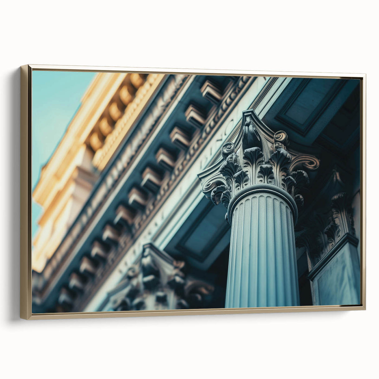 Framed canvas featuring a vintage poster art design of black architectural columns, suitable as wall art for bedroom.