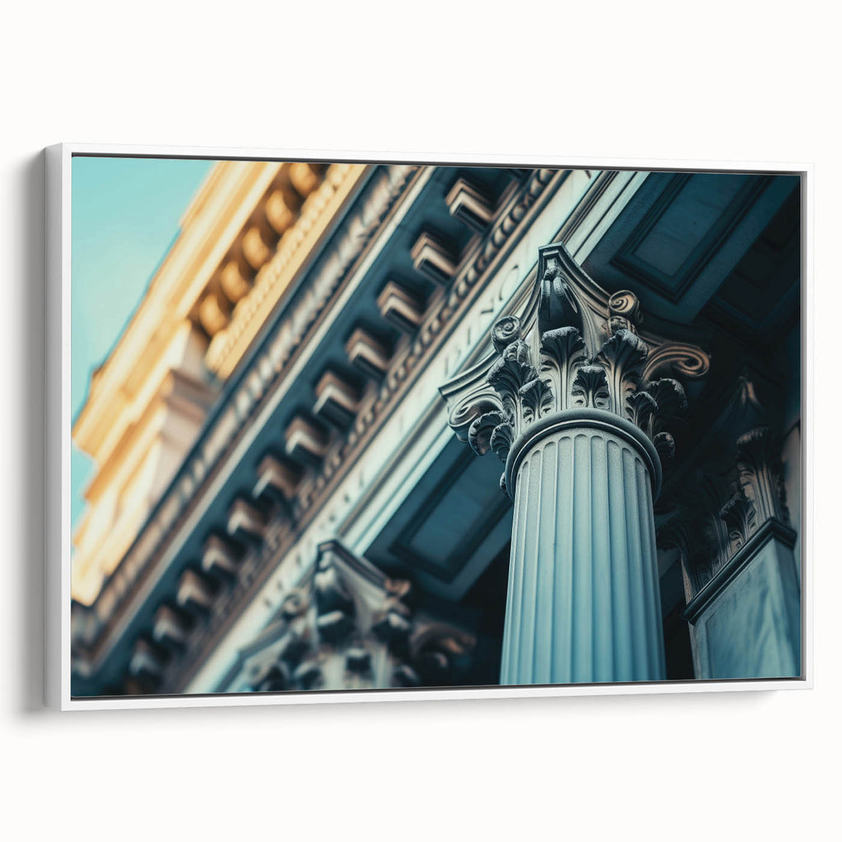 Vintage poster art of classical columns in black and white on framed canvas, ideal for living room decor.