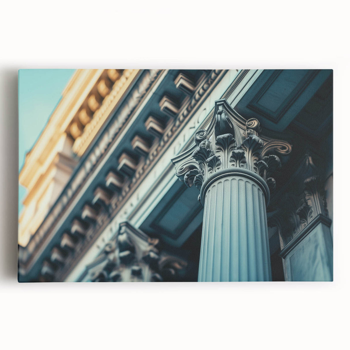 Black and white photograph of classical columns printed on stretched canvas, suitable for kitchen wall art.