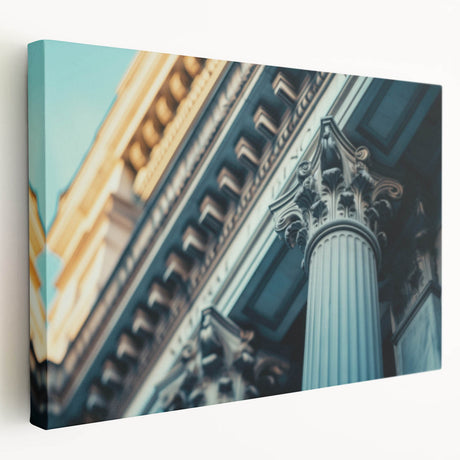 Side view of a large stretched canvas featuring a greyscale architectural column design, ideal for kitchen wall art.
