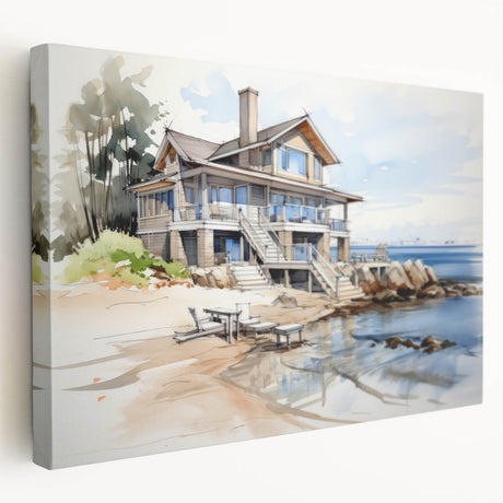 A collection of stretched canvas prints featuring various cottage designs in muted earth tones.