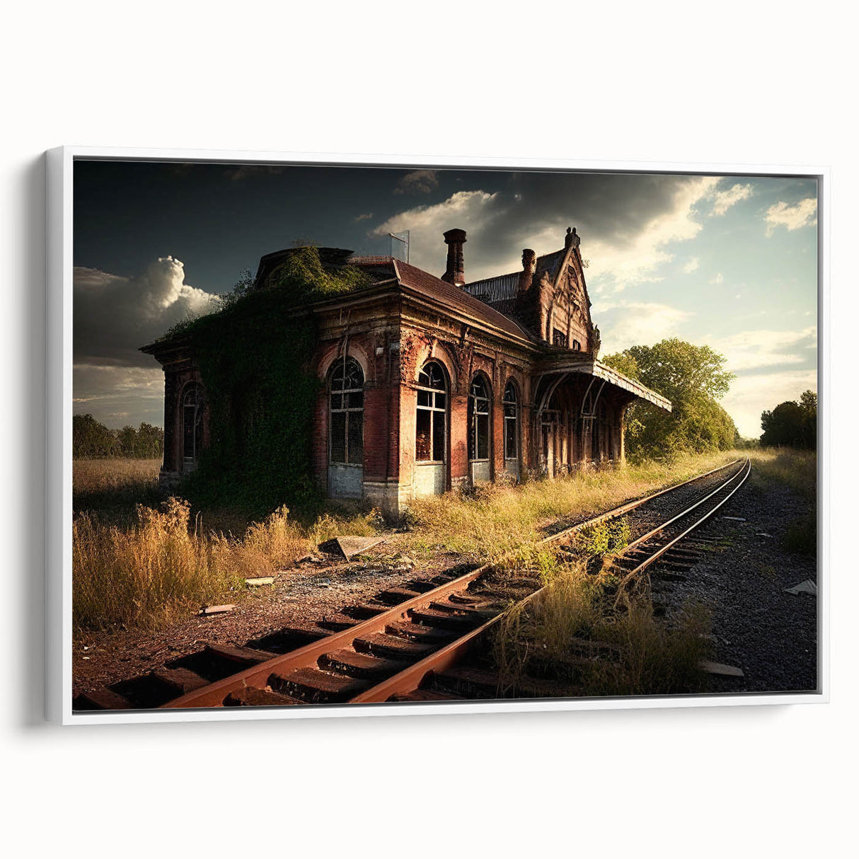 Vintage poster art of a derelict building in muted black and gray tones on a large framed canvas.