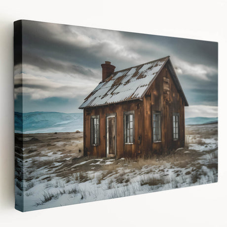 Large stretched canvas featuring a derelict building in muted gray tones, suitable for kitchen wall art.
