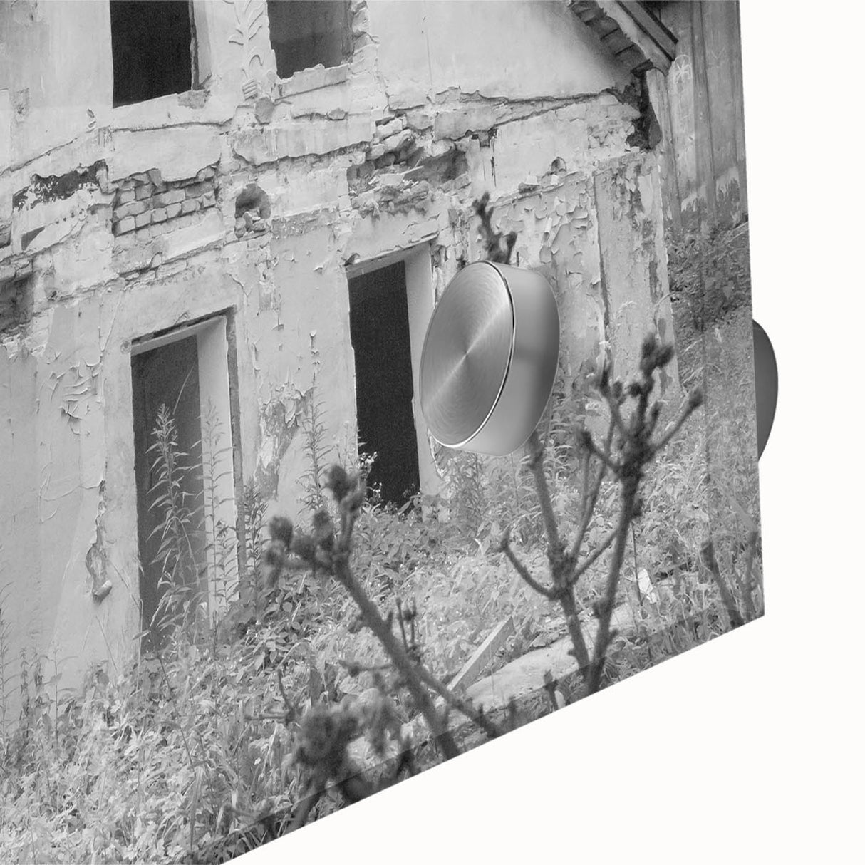 Large abstract wall art on acrylic, featuring a mix of sharp and fluid shapes in muted gray and blue tones.