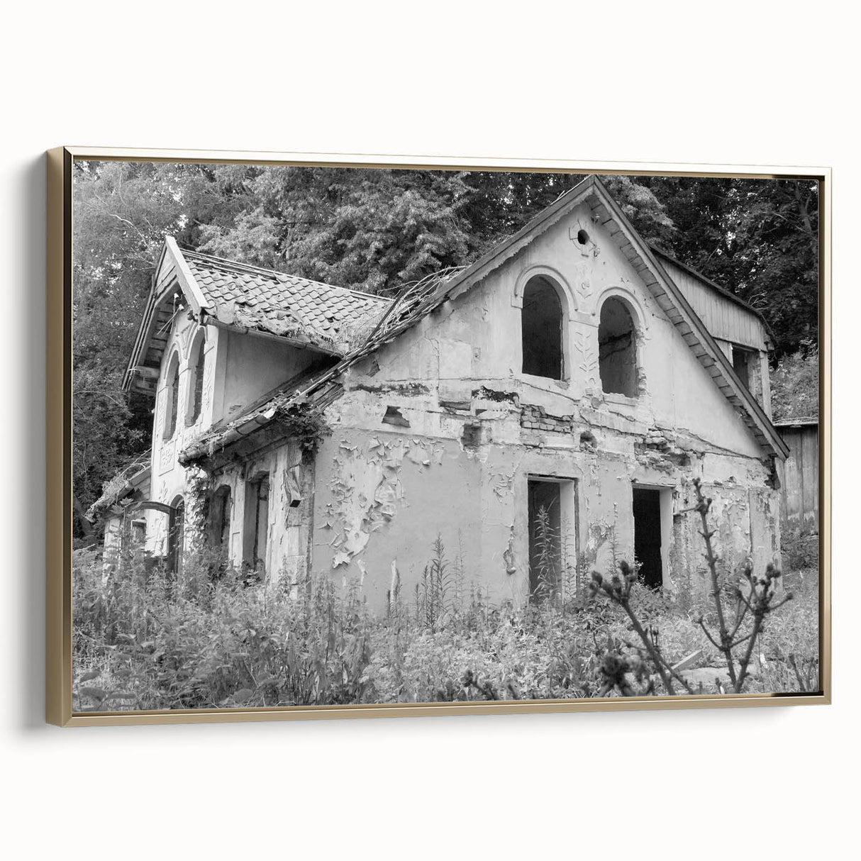 Black and white vintage poster art of a dilapidated building on framed canvas, ideal for bedroom wall decor.