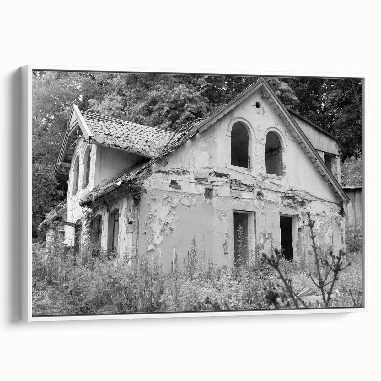 Landscape painting of a derelict building in muted grays and blacks on a framed canvas, suitable for office or study decor.