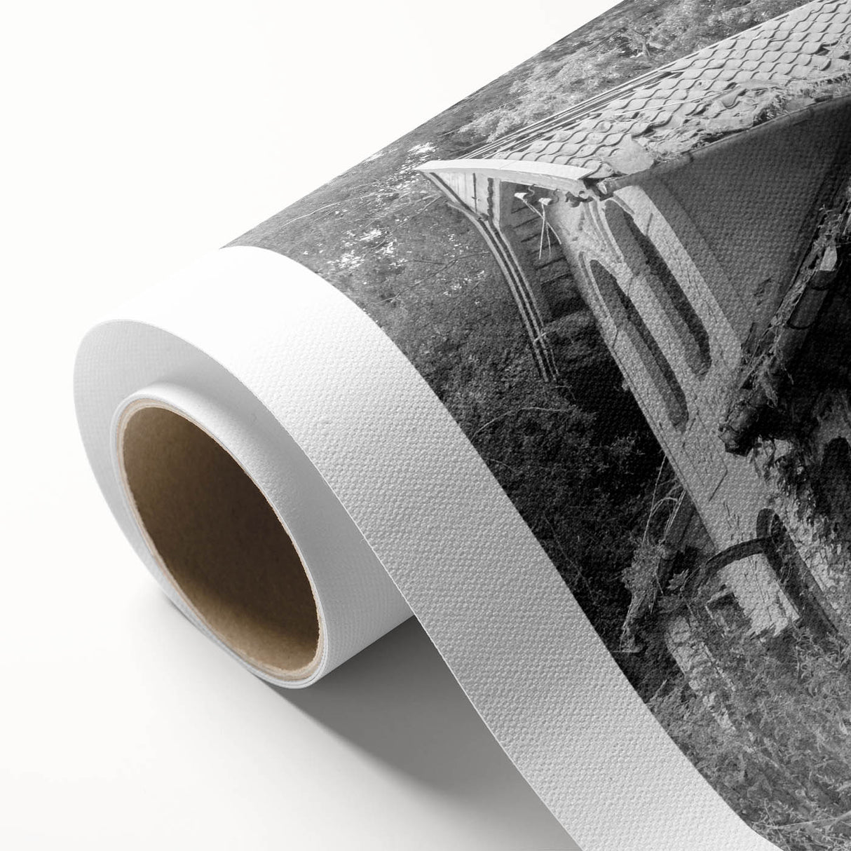 Art deco poster of a geometric building, in muted gold and gray tones on rolled canvas, ideal for nursery wall art.