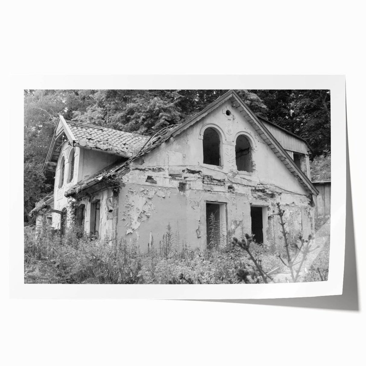 Extra large wall art featuring derelict architectural design in muted gray tones on a rolled print.