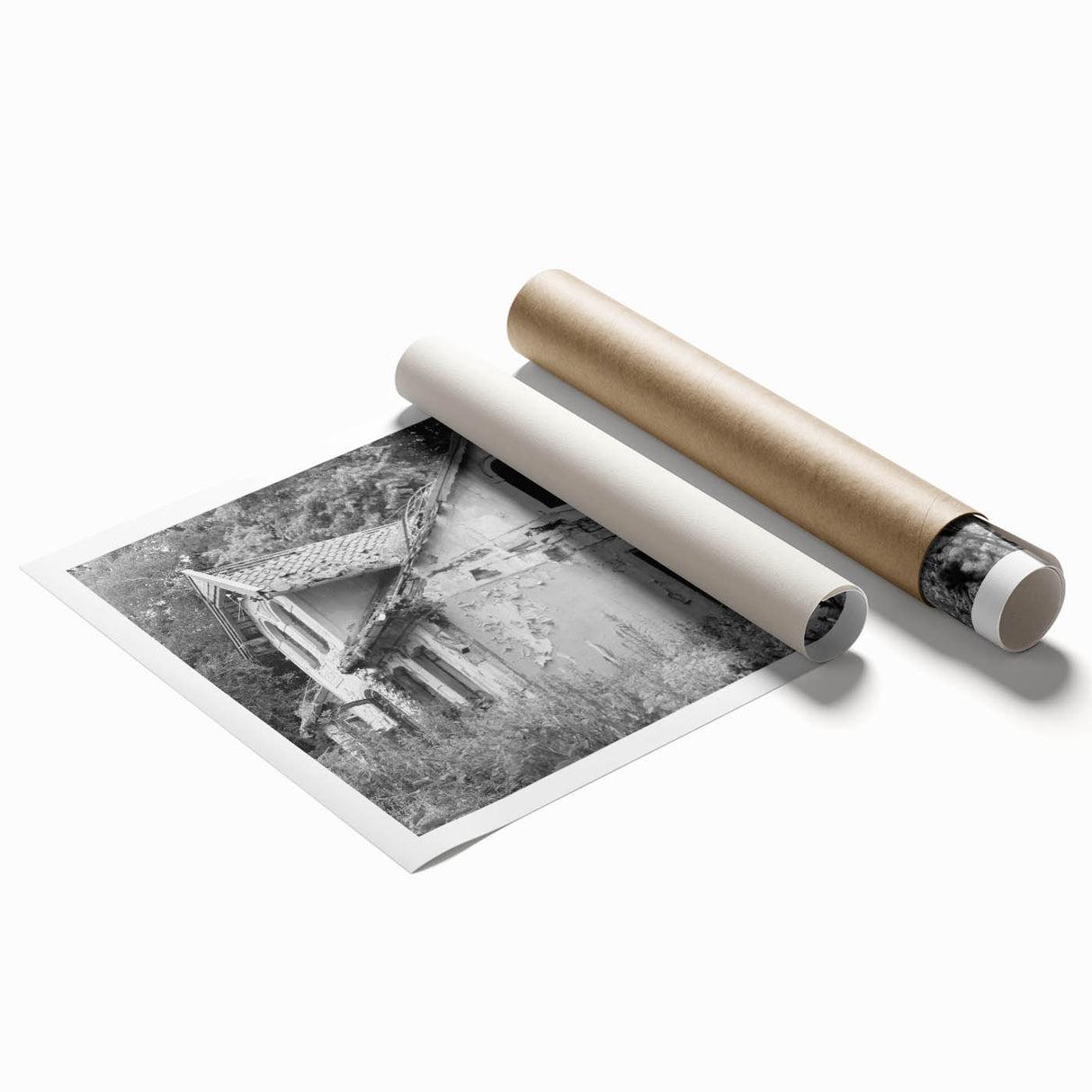 Extra large rolled print featuring a dilapidated building in muted gray and brown tones.