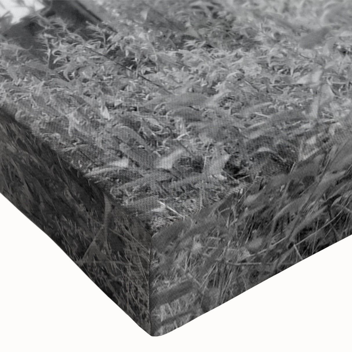 Large art of a black and white derelict building landscape on stretched canvas, suitable for bedroom wall decor.