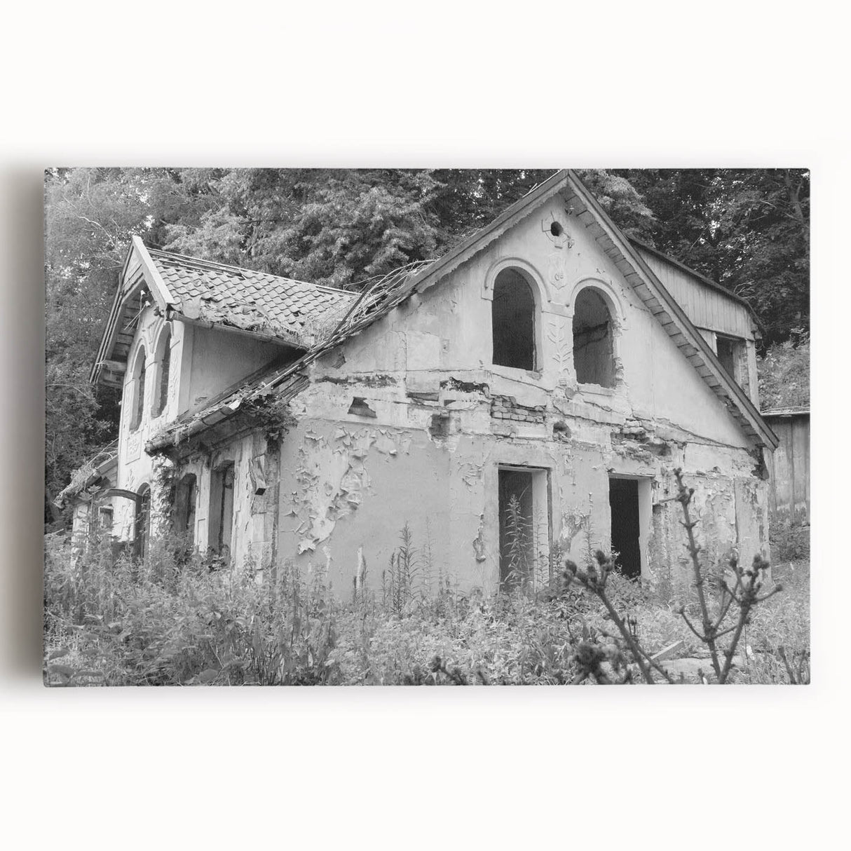 Black and white photograph of a derelict building on a large stretched canvas, suitable as kitchen wall art.