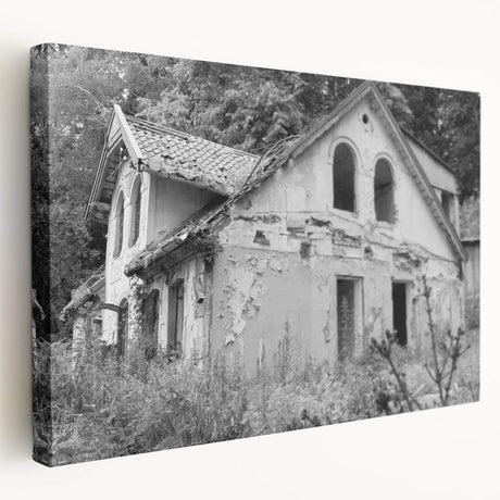 Large stretched canvas featuring a derelict building in muted gray tones, ideal for kitchen wall art.