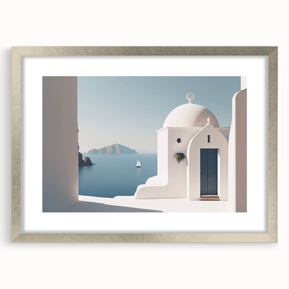 Textured abstract art print featuring layered domes in muted gray, ideal for modern bedroom decor, framed with silver mat.