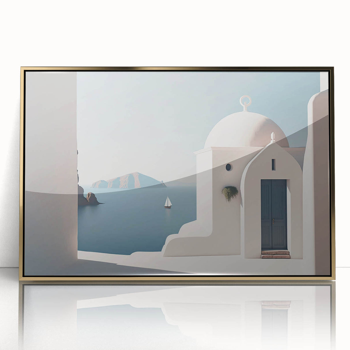 Mid-century modernist acrylic print featuring gold architectural domes, ideal for modern art wall decor in a nursery.