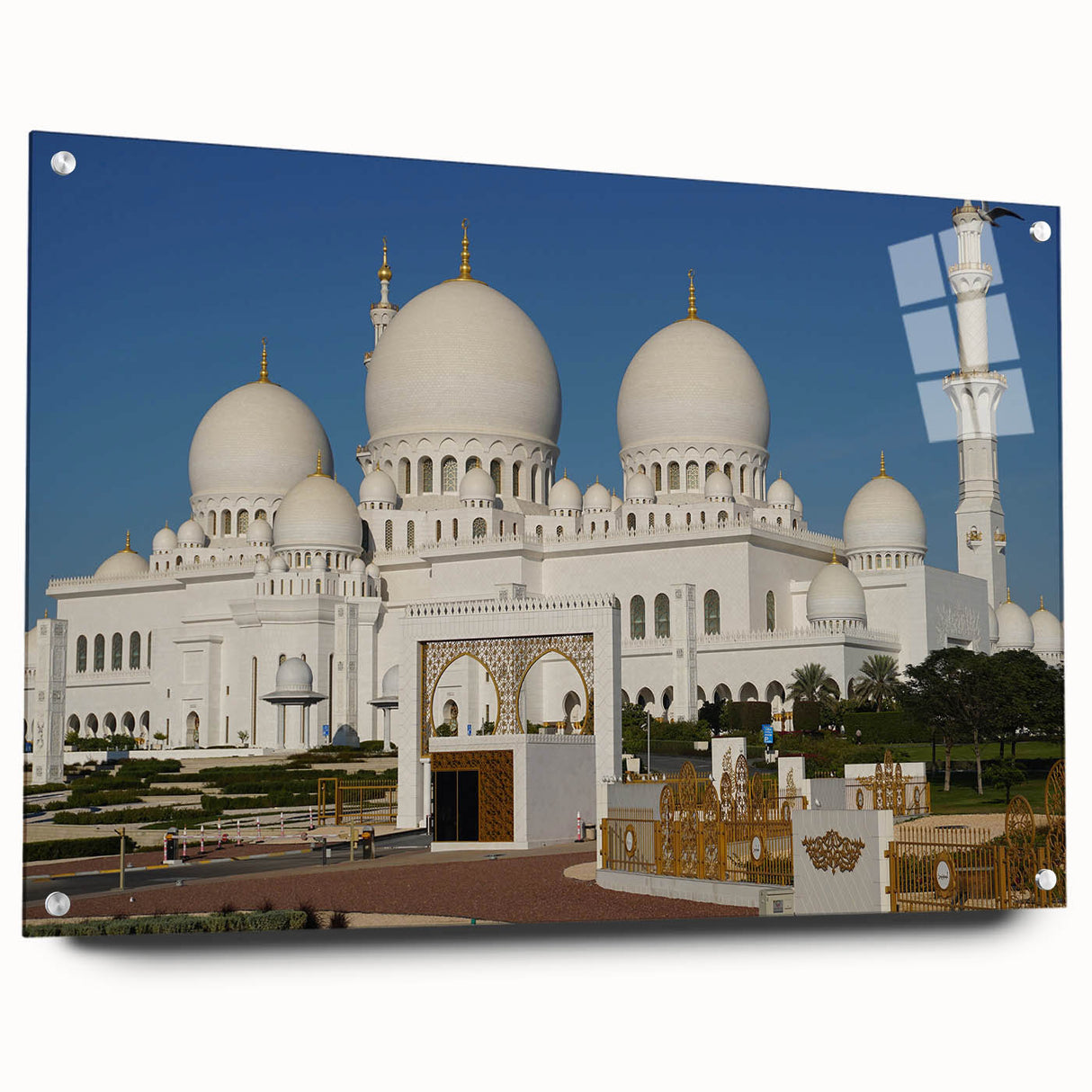 Large abstract wall art featuring architectural domes in muted grey on acrylic glass, suitable for bedroom or dining room.