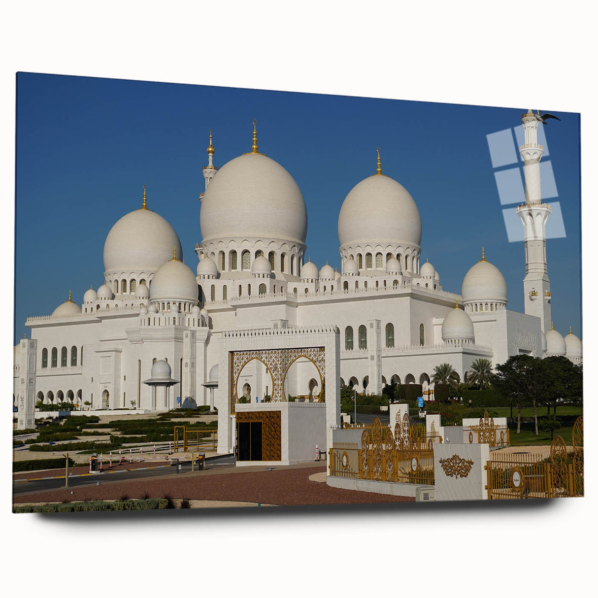 Large abstract wall art featuring multicolored geometric shapes on acrylic glass, ideal for bedroom or dining room decor.