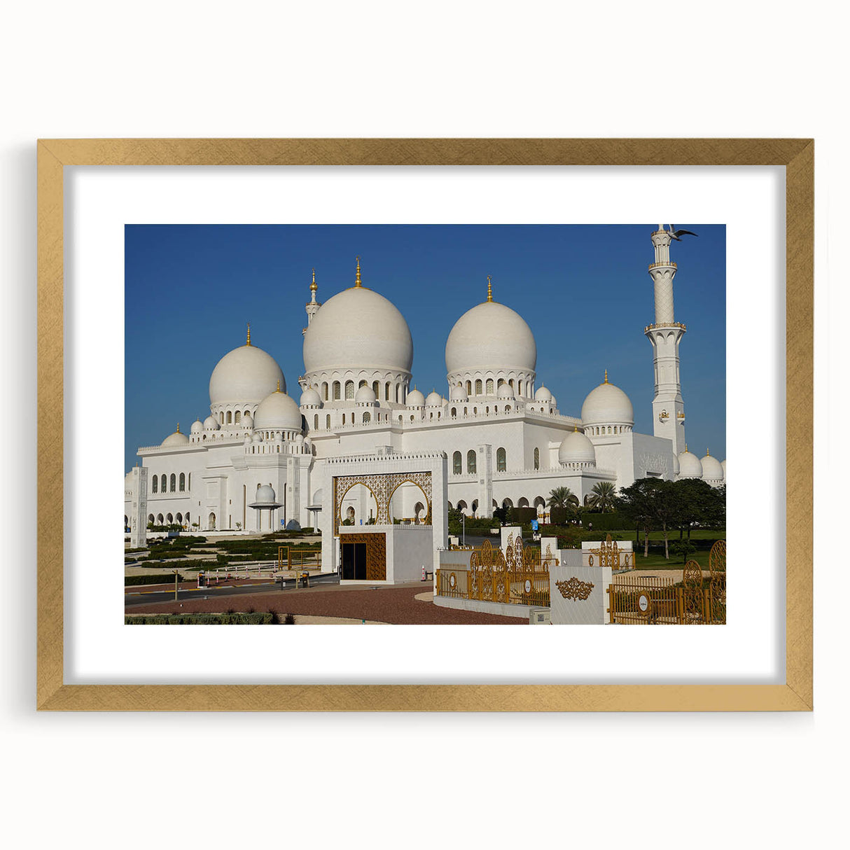 Extra large abstract art print featuring textured domes in gold and white tones on a framed canvas.